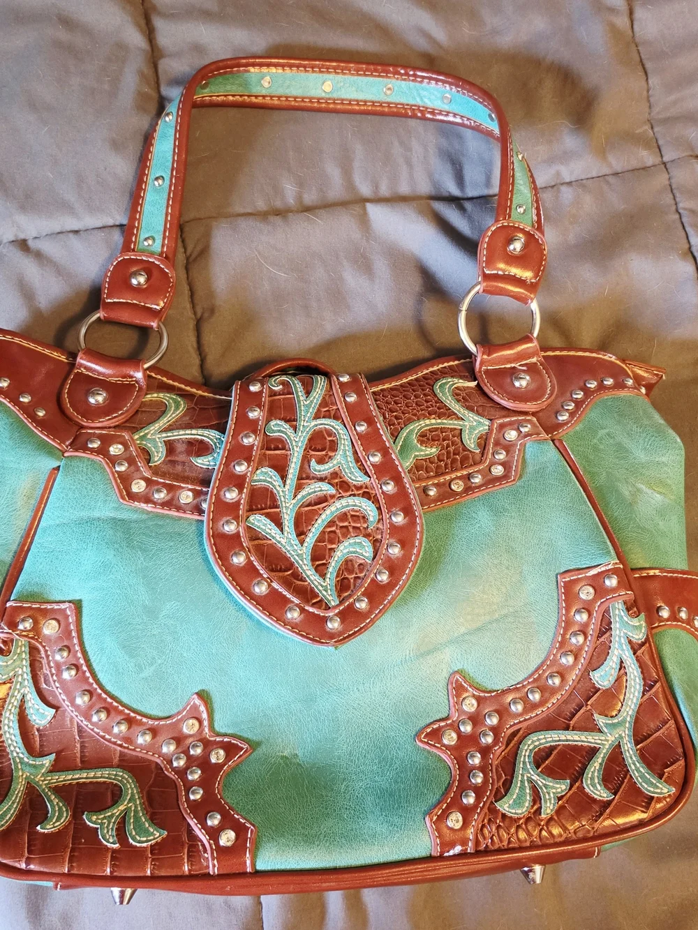 Cowgirl Trendy Turquoise and Brown Embroidered Shoulder Bag with Stud Accents